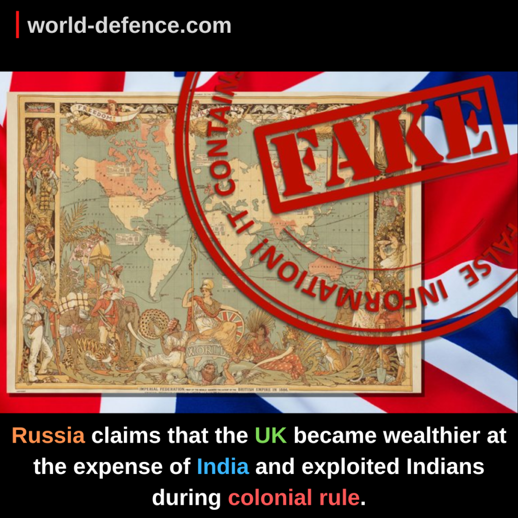 Russia claims that the UK became wealthier at the expense of India and exploited Indians during colonial rule.